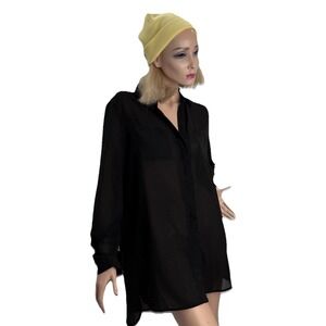 Covet Sheer Black Button Down Blouse Dress Longer Back Women's Size Small